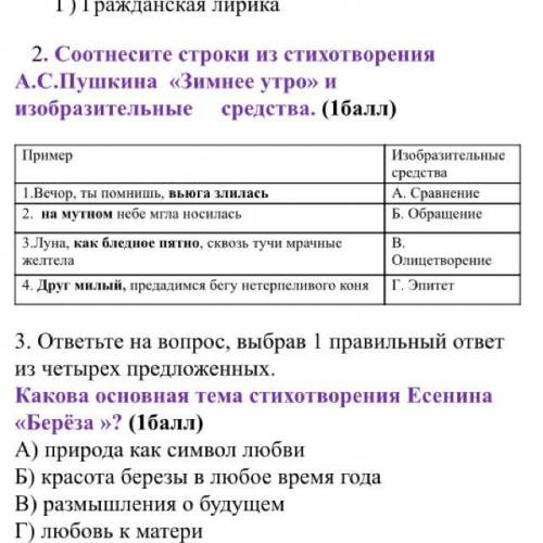 Соотнесите строки из стихотворения А.С.Пушкина «Зимнее утро» и изобразительные средства. ( ) Пример