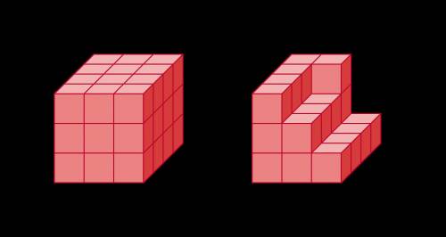 Из кубиков построили две фигуры. На сколько объём фигуры справа меньше объёма фигуры слева, если сто