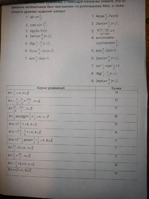 Нужно решить 1й столбик тригонометрических уравнений, ответы к нему можете найти по слову Пифагор, я