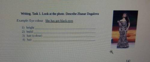 Writing. Task 1. Look at the photo. Describe Zhanar Dugalova Ex.imple: Eye colour She has got black