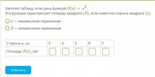 Заполни таблицу, если дана функция S(a)=a2. Эта функция характеризует площадь квадрата (S), если изв