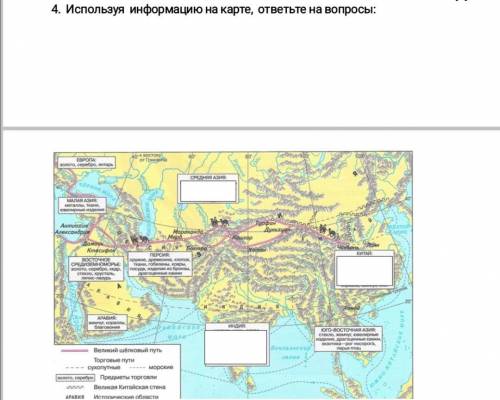 Используя информацию на карте, ответьте на вопросы: 1. какие товары перевозили купцы по великому шел