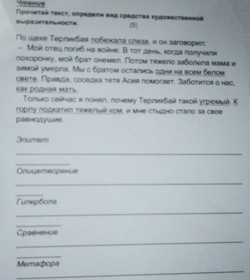 Проитай текст, определи вид средства художественной выразительности.(5)По щеке Терликбая побежала сл