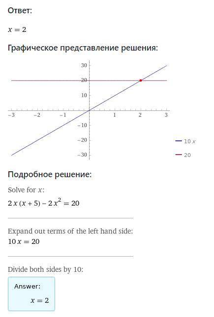 Решите уравнение: 2х(х + 5) – 2х 2 = 20.