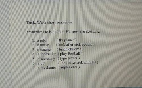 Соч Task. Write short sentences.Example: He is a tailor. Heщ sews the costume.1. a pilot (fly planes