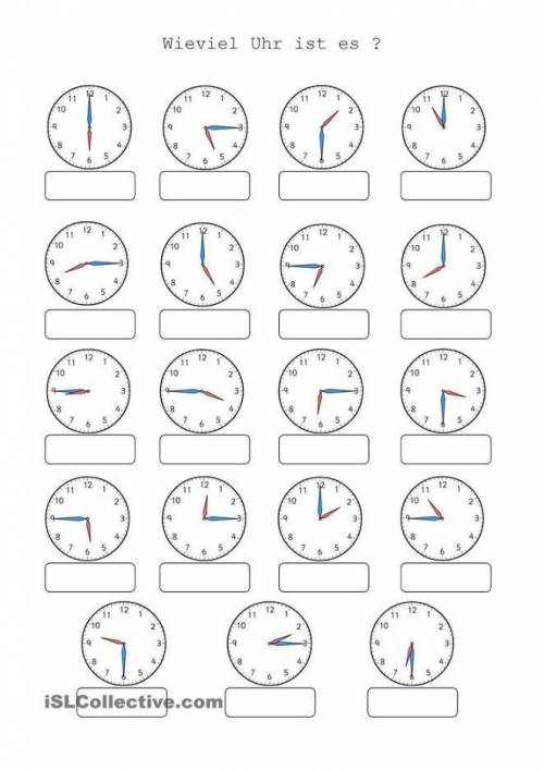 Запишите время на немецком языке, все часы указаны на изображениях.