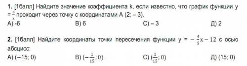 Найдите координаты точки пересечения функции (на фото) с осью абцисс. А) (-15;0), Б) (-1/15;0) В) (1