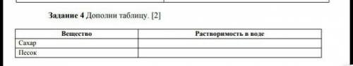 Задание 4 Дополни таблицу. [2] Вещество Растворимость в водеСахар Песок СОЧ 4 КЛАСС ПРАВИЛЬНЫЙ ОТВЕТ