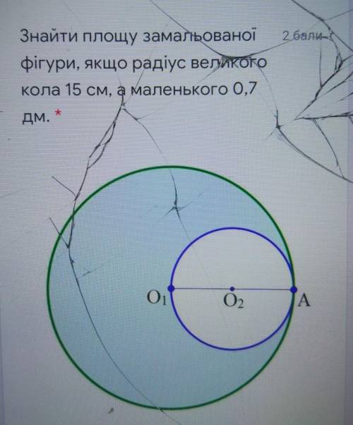 Знайти площу замальованоїфігури, якщо радіус великогокола 15 см, а маленького 0,7дм.​