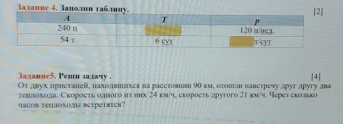 Задание 4. Заполни таблицу. A[2]T240 цр120 ц/нед.т/сутVМVV54 Т6 сутЗадание5. Реши задачу.[4]От двух