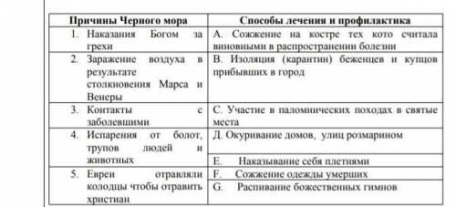 Соотнесите представления средневековых жителей в причинах черного мора в лечения