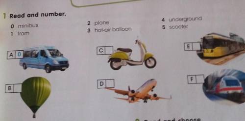 1 Read and number. o minibus1 fram2 plane3 hot-air balloon4 underground5 scooterEсΑΙΟFDB​