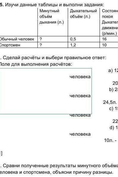 15. Изучи данные таблицы и выполни задания: Минутныйобъёмдыхания (л.)??Дыхательный объём (л.)0,51,2