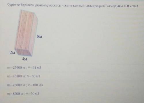 Суретте берілген дененің массасын және көлемін анықтаңыз?Тығыздығы 400кг/м3​