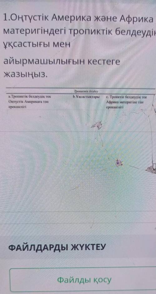 1.Оңтүстік Америка және Африка материгіндегі тропиктік белдеудіңұқсастығы менайырмашылығын кестегежа