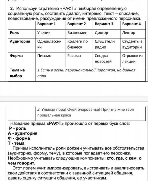 2. Используй стратегию «РАФТ», выбирая определенную социальную роль, составить диалог, интервью, тек