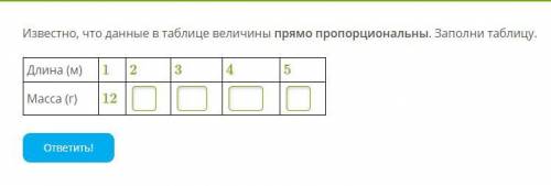 Известно, что данные в таблице величины прямо пропорциональны. Заполни таблицу. Длина (м) 1 2 3 4 5