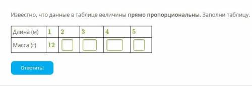 Известно, что данные в таблице величины прямо пропорциональны. Заполни таблицу. Длина (м) 1 2 3 4 5