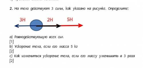 На тело действуют 3 силы, как указано на рисунке. Определите: а) Равнодействующую всех сил [1]b) Уск