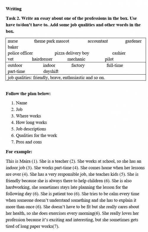 Write an essay about one of the professions in the box. Use have to/don’t have to. Add some job qual