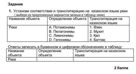 Установи соответствие и транслитерацию на казахском языке реки ( выбери из предложенных вариантов за