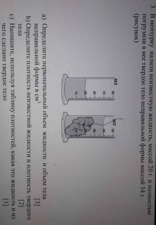 3. В мензурку налили неизвестную жидкость, массой 20 г. и полностью погрузили в нее твердое тело неп