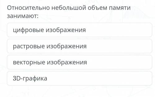 Относительно занимают: небольшой объем памяти цифровые изображения растровые изображения векторные и