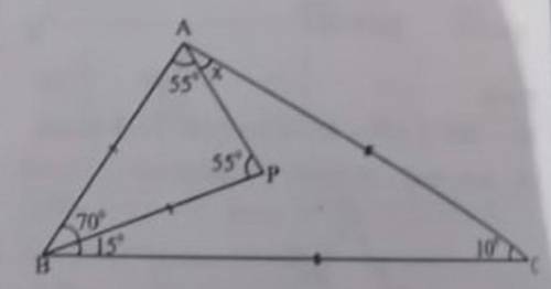 Егер AC=BC және BA=BP болса. <PBC=15^С және <ACB=10^С болса, онда Х бұрышы неге тең?