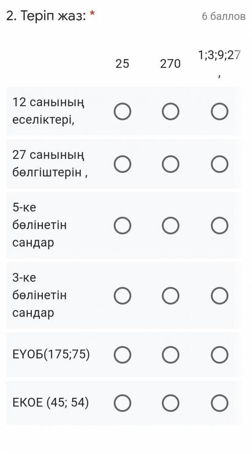 Теріп жаз: * 25 270 1;3;9;27 , 24;36;48, 205;1100;3195, 204;117;110112 санының еселіктері, 27 саныны