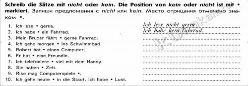 4. Выполните упражнение письменно в тетради. Запишите предложения с nicht или kein. Место отрицания
