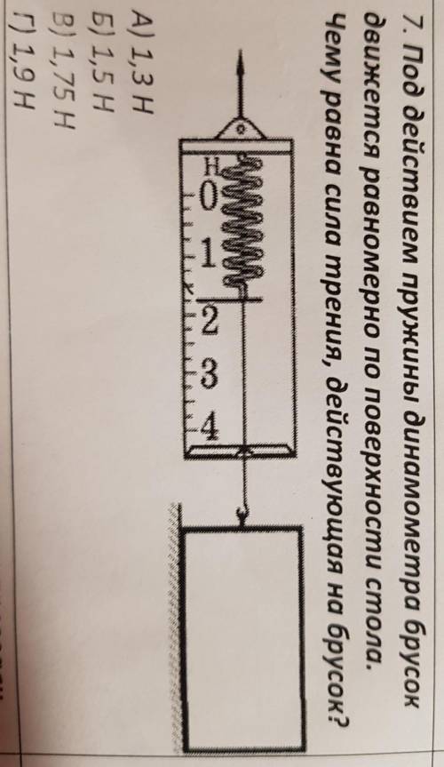 7. Под действием пружины динамометра брусок движется равномерно по поверхности стола.Чему равна сила