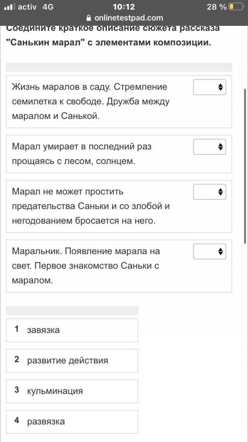 Соедините краткое описание сюжета рассказа Санькин марал с элементами композиции.