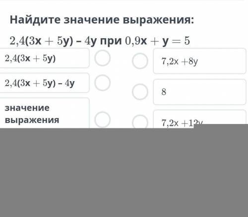 ТЕКСТ ЗАДАНИЯ Найдите значение выражения:2,4(3x + 5y) – 4y при 0,9x + y = 5