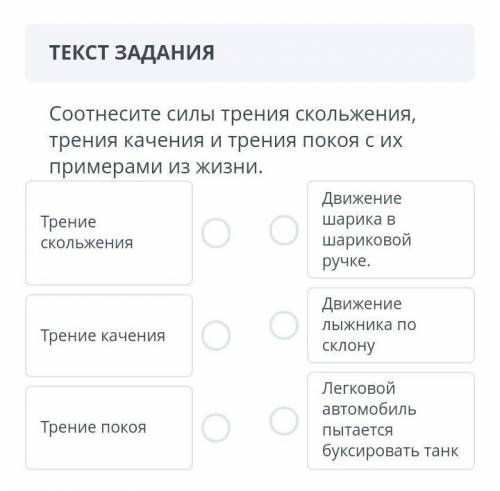 Соотнесите силы трения скольжения, трения качения и трения покоя с их примерами из жизни. Трение ско