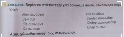 -тапсырма. Берілген етістіктерді үлгі бойынша жікте. Сөйлемдер құра. Үлгі:Мен ашайынБіз ашайықСен аш