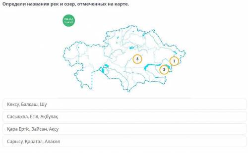 Определи названия рек и озер, отмеченных на карте.