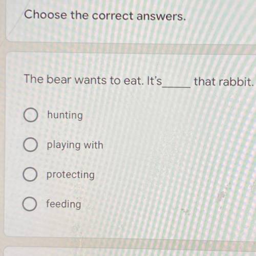 The bear wants to eat. It's that rabbit. 1)hunting 2)playing with 3)protecting 4)feeding