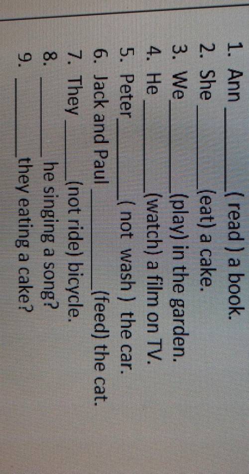 Задание Дополни предложение с Past Continuous. .1. Ann(read) a book2. She(eat) a cake.3. We(play) in