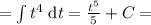 = \int t^4\;\mathrm{d}t = \frac{t^5}{5} + C =