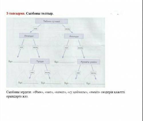 3-тапсырма. Сызбаны толтыр. Сызбаны зерделе. «Өзен», «көл», «канал», «су қоймасы», «теңіз» сөздерін
