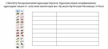 sketchup бағдарламасының құралдары берілген құралдың ішінен модификациялау құралдарын таңдап 4-еуін