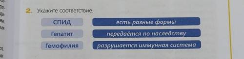 2. Укажите соответствие. СПИДесть разные формыГепатитпередаётся по наследствуГемофилияразрушается им