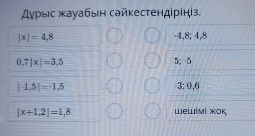 |x| = 4,8 -4,8; 4,80,7 |x| = 3,55; -5ООО1-1,5)=-1,5О-3; 0,6Ошешімі|x+1,2 =1,8шешімі жоқ​