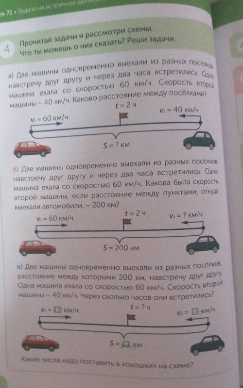 4 Прочитай задачи и рассмотри схемы.Что ты можешь о них сказать? Реши задачи.а) Две машины одновреме