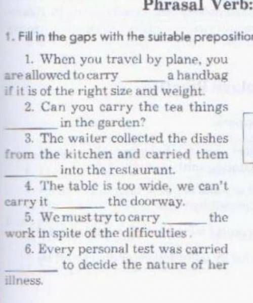 Phrasal Verb: Carry. Filling the gaps with the suitable prepositions: on, out, (smb) through​ еще во