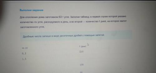 Для отопления домп заготовили 63 т угля. Заполни таблицу