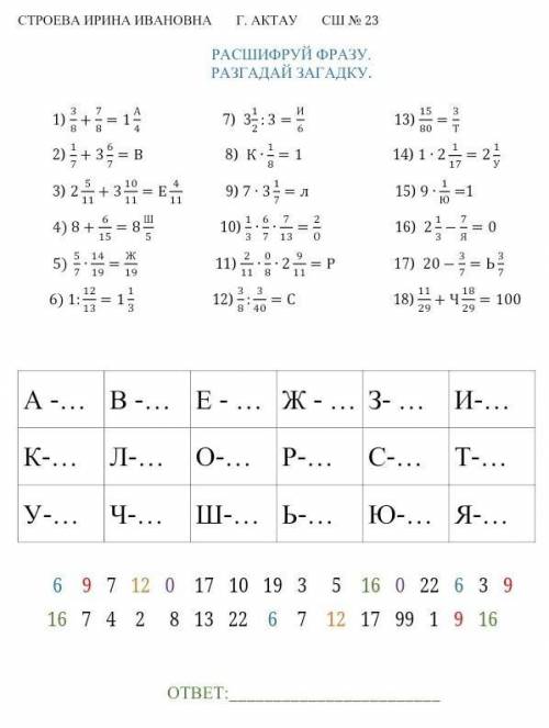 СТРОЕВА ИРИНА ИВАНОВНА Г. АКТАУ СШNo 23РАСШИФРУЙ ФРАЗУ.РАЗГАДАЙ ЗАГАДКУ.1)38+78=1А47) 312:3=И613) 15