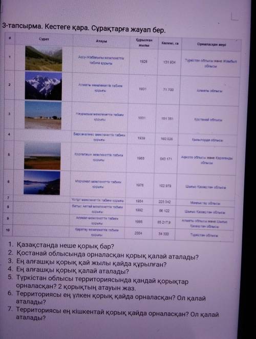 3-тапсырма. Кестеге қара. Сұрақтарға жауап бер. СуретАтауыҚұрылғанкылыКелемі, raОрналасқан жеріАру-ж