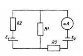 Какую силу тока показывает миллиамперметр, если известны ЭДС источников тока E1 = 1В, E2 = 2В и сопр