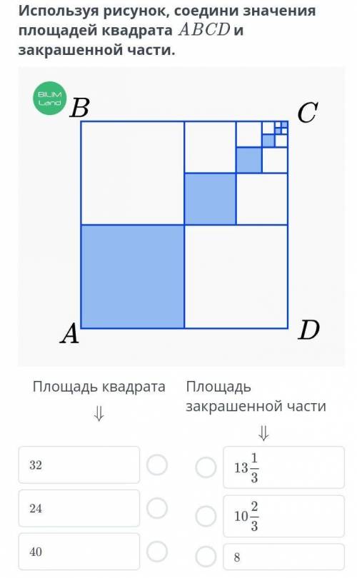 Решение текстовых задач. Урок 2 Используя рисунок, соедини значения площадей квадрата ABCD и закраше